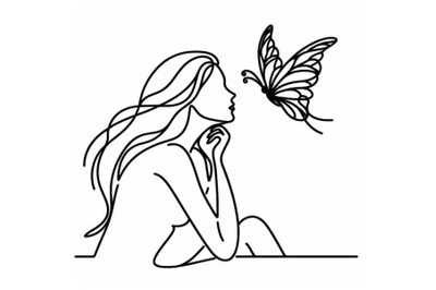 Bundle of One single line drawing woman with butterfly line art vector