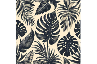 A bundle of Tropical leaves hand drawn seamless pattern