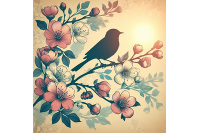 A bundle of Vintage  floral card&2C; bird on a blooming branch
