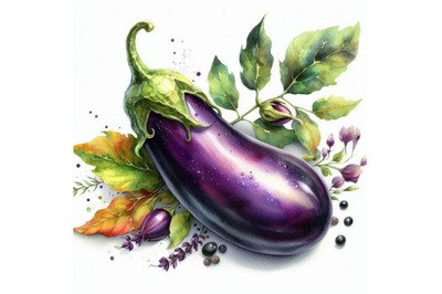 A bundle of watercolor The eggplant Isolated on white background. Colo