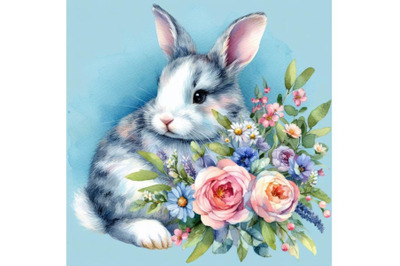 Bundle of a rabbit bunny with a bouquet of flowers