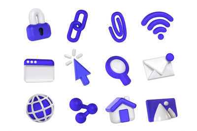 Internet 3d icons. Security padlock, web chain link, browser window, c