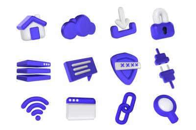 Internet 3d icons. Web browser and network security&2C; cloud server&2C; wir