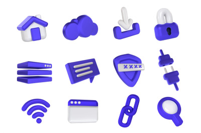 Internet 3d icons. Web browser and network security, cloud server, wir