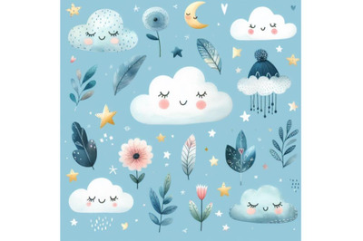 Bundle of cute clouds in scandinavian style