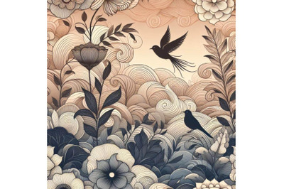 A bundle of Seamless floral background with waves and birds
