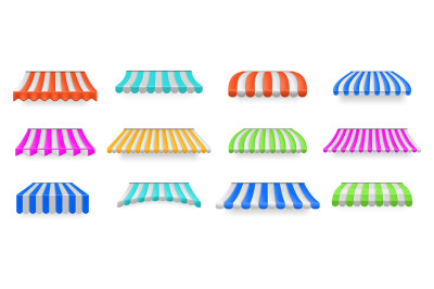 Colorful shop canopy. Striped sunshades for storefronts&2C; market
