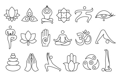 Line yoga icons. Meditation poses line art, zen stones, lotus flower a