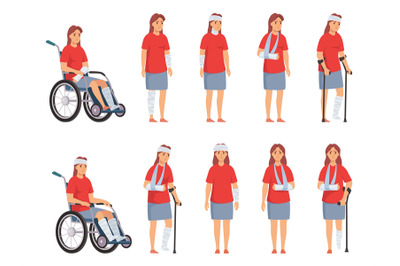 Woman with injury. Female character with wheelchair&2C; head bandage&2C; arm