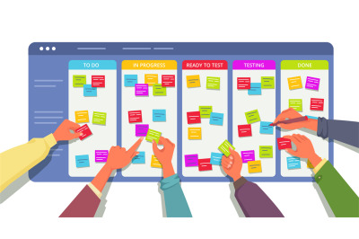 Kanban board with team hands. Agile software development process, proj