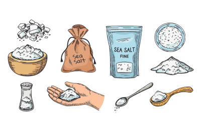 Hand drawn salt. Sketch sea salt packaging, wooden bowl and spoon, sal