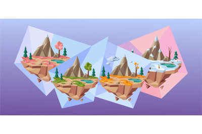 Low poly four seasons landscape. Abstract floating islands represent s