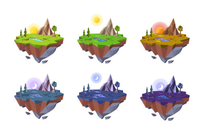 Low poly daytime landscape. Morning, day, evening and night progressio