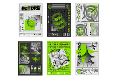 Abstract 3d poster templates. Retro futuristic designs with halftone 3