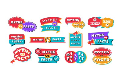 Myths vs facts badges. Myth and fact speech bubbles&2C; flags and geometr