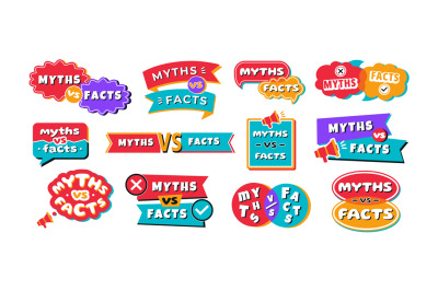 Myths vs facts badges. Myth and fact speech bubbles, flags and geometr