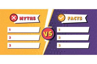 Facts vs myths template. Comparison list of 3 myths and facts with ver