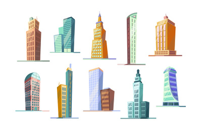 Cartoon skyscraper. City buildings, high architecture and urban real e