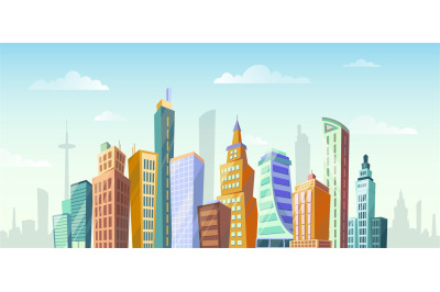 Cartoon city skyline. Sunny day in skyscrapers town district, panorami