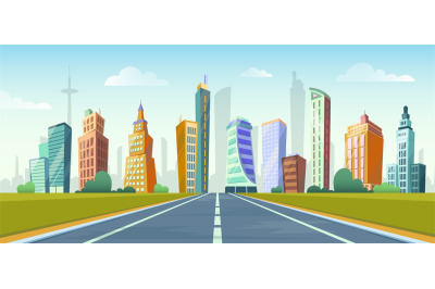 Cartoon wide road to town. Welcoming city highway, urban landscape wit