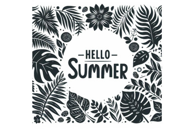 A bundle of Hello summer. Tropical leaves frame. Vector card template