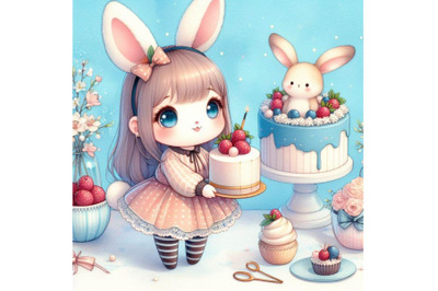 Bundle of Cute little bunny girl with cake