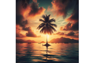 A bundle of Lonely palm tree in the middle of ocean on background of s