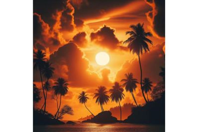 A bundle of Tropical sunset seascape with palm tree clouds and bright