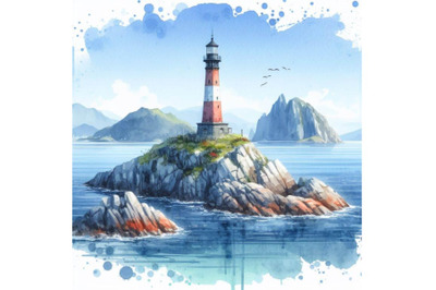 Bundle of Lighthouse on rock island in sea