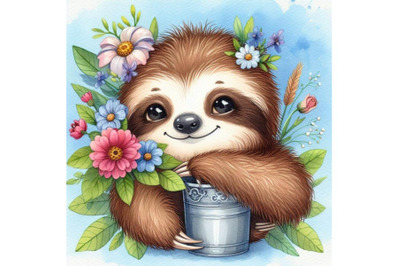 Bundle of Cute sloth with a pot of flowers
