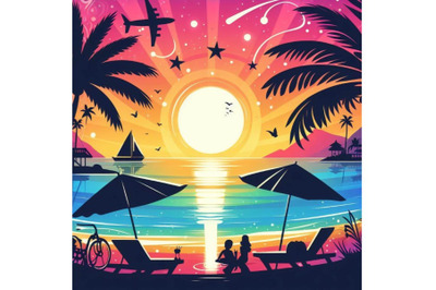 A bundle of Summer vacation on a beach - colorful vector background
