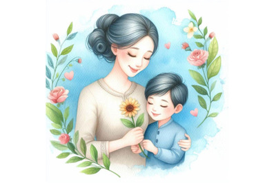 Bundle of Mom and child. Boy with flower for mom
