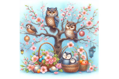 Bundle of Blooming tree and branches with sitting owls and birds
