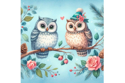 Bundle of owls in love sitting on branch