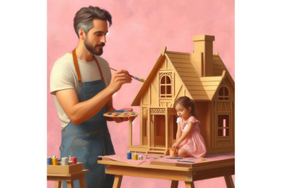 Bundle of A father finishing to paint a wooden toy house for his daugh