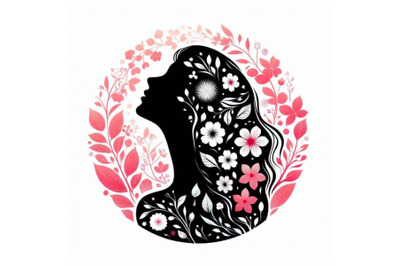 A bundle of Beautiful spring girl silhouette. Floral woman head in cir