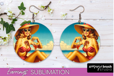 Pin Up Girl Earrings PNG - Beach Round Earrings Sublimation