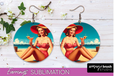 Pin Up Girl Earrings PNG - Beach Round Earrings Sublimation