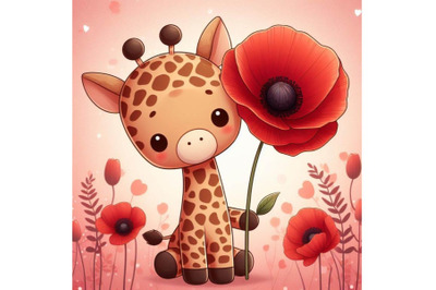 A bundle of Cute Teddy Giraffe Holding a Red Poppy