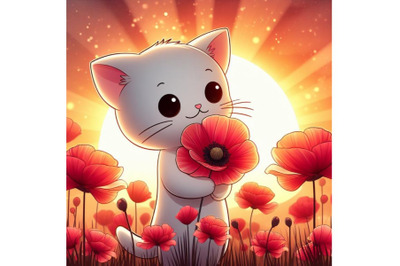 A bundle of Cute Cat Holding a Red Poppy