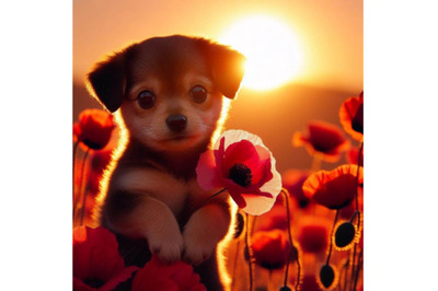 A bundle of Cute Dog Holding a Red Poppy