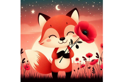 A bundle of Cute Fox Holding a Red Poppy