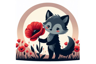 A bundle of Cute Wolf Holding a Red Poppy