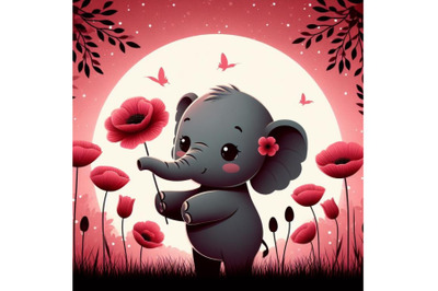 A bundle of Cute Elephant Holding a Red Poppy