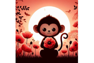 A bundle of Cute Monkey Holding a Red Poppy