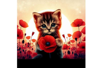 A bundle of Cute kitten Holding a Red Poppy