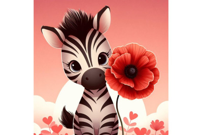 A bundle of Cute Zebra Holding a Red Poppy