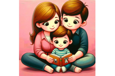Bundle of Cartoon mother, father and son reading a book together