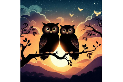 A bundle of Cute owl couple sitting on tree branch