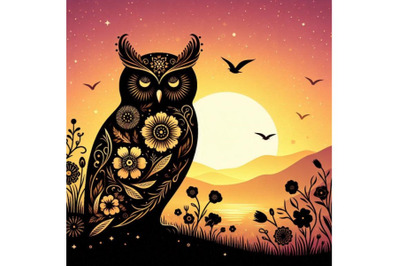 A bundle of silhouette owl with flower